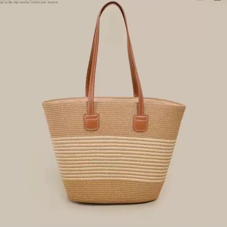CLAREGQI  Women's Striped Straw Tote Bag, Large Capacity Woven Beach Bag, Casual Shoulder Bag with PU Leather Handles, Summer Tr view 6