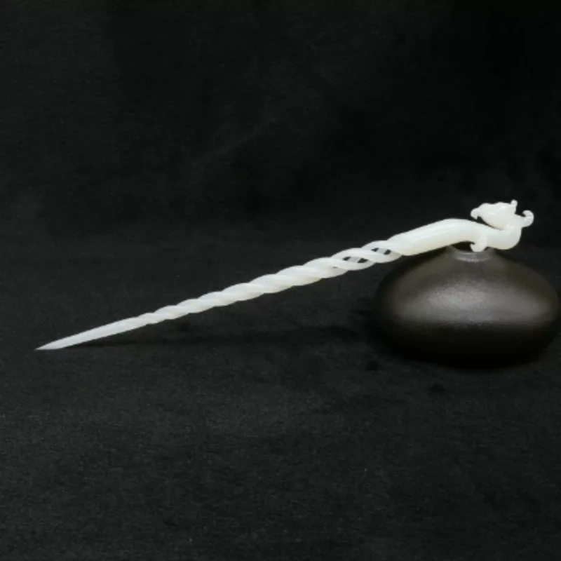 Vintage Dragon & Phoenix Jade Hairpin - Hollow Carved Thread Pattern Hair Sticks Hair Accessory Exquisite Handicrafts