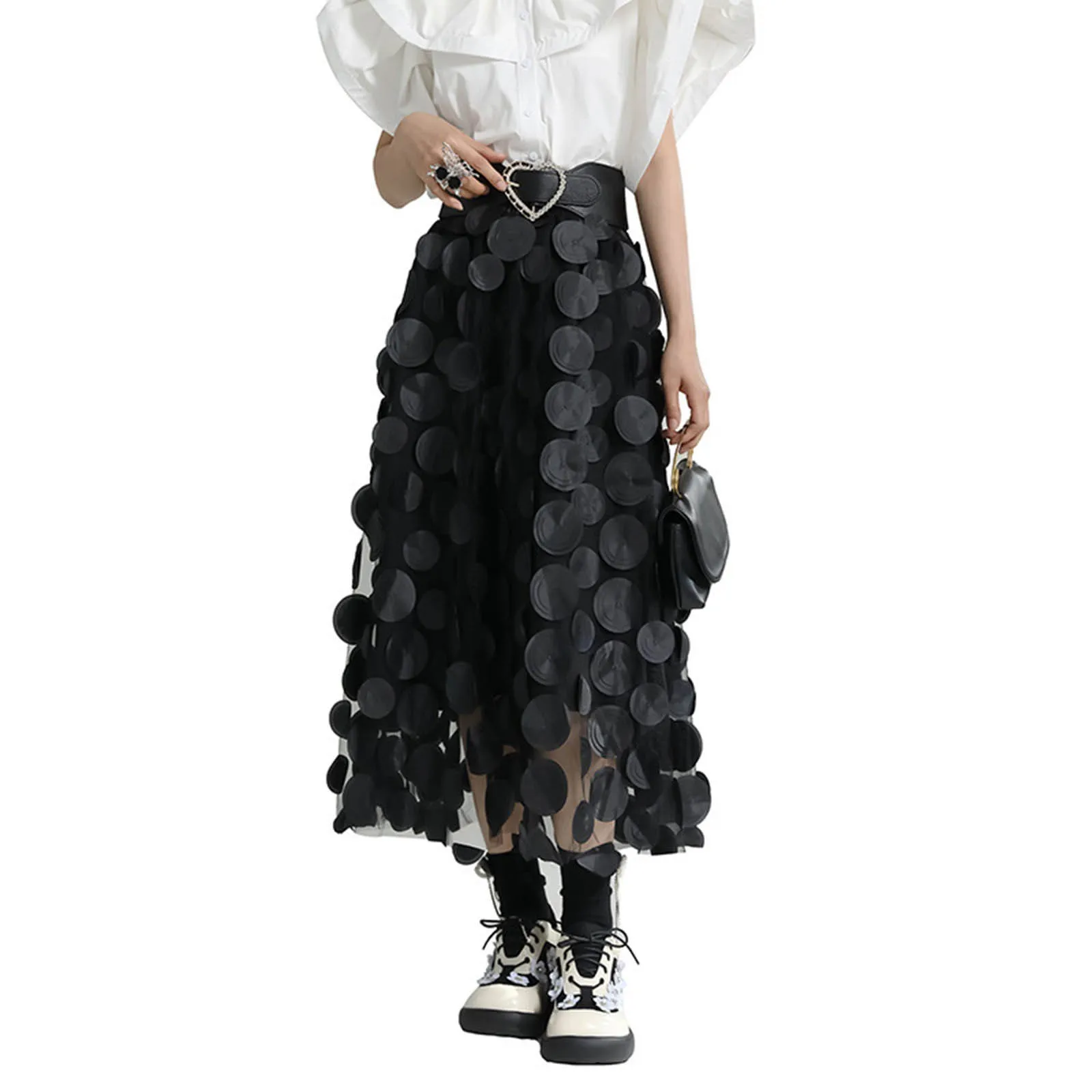 2024 Women's 3D Fashion Polka Dot Tulle Skirt Fall Spring Elegant High Waist Party Wedding Vintage Flared A Line Midi Skirts