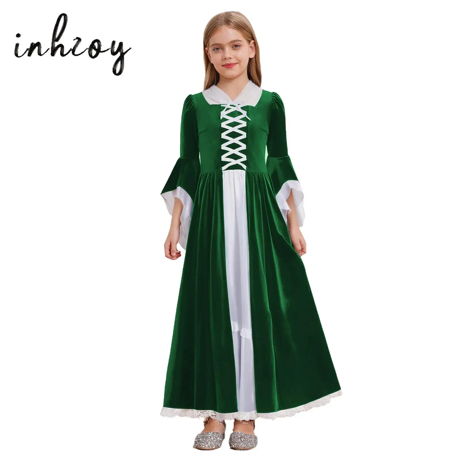 

Girls Halloween Medieval Princess Dress Cosplay Costume Patchwork Color Contrast Long Bell Sleeve Ruffled Lace Trim Maxi Dresses