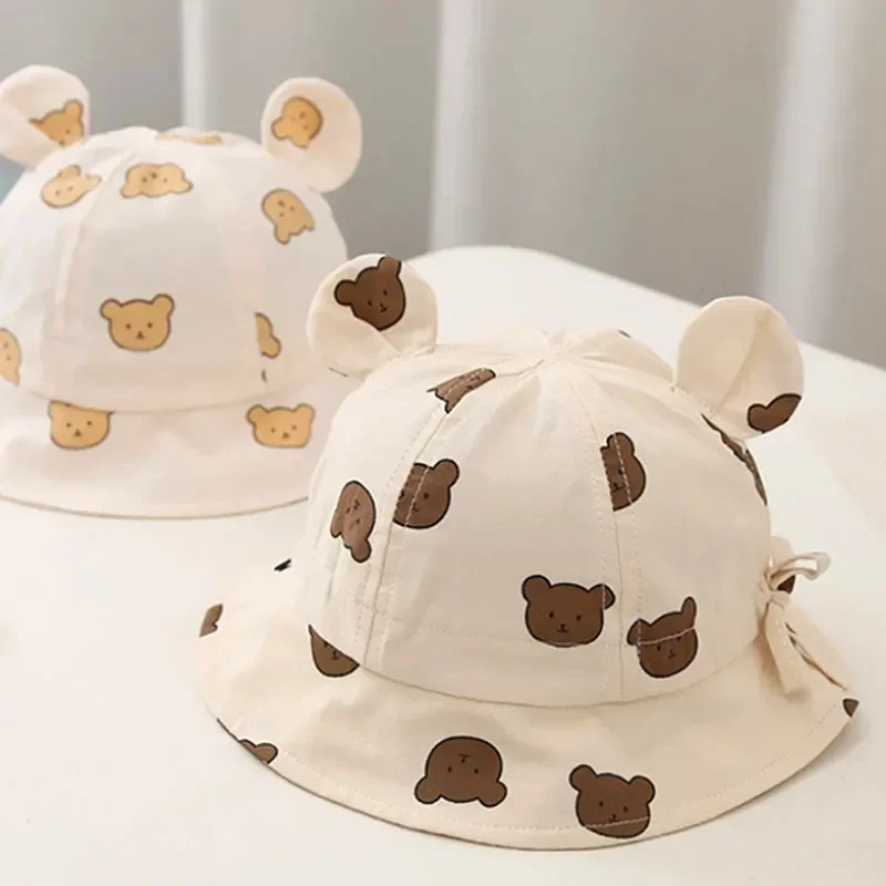 Cute Bear Baby Bucket Hat with Ears Boys Girls Cartoon Cotton Mesh Breathable Sun Hat Kids Outdoor Summer Child Panama Cap