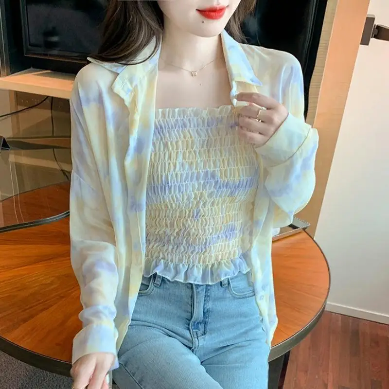 Women Summer Korean Fashion Loose Pleated Chiffon Sunscreen Polo-Neck Long Sleeve Shirts Women Clothes Casual All-match Tops