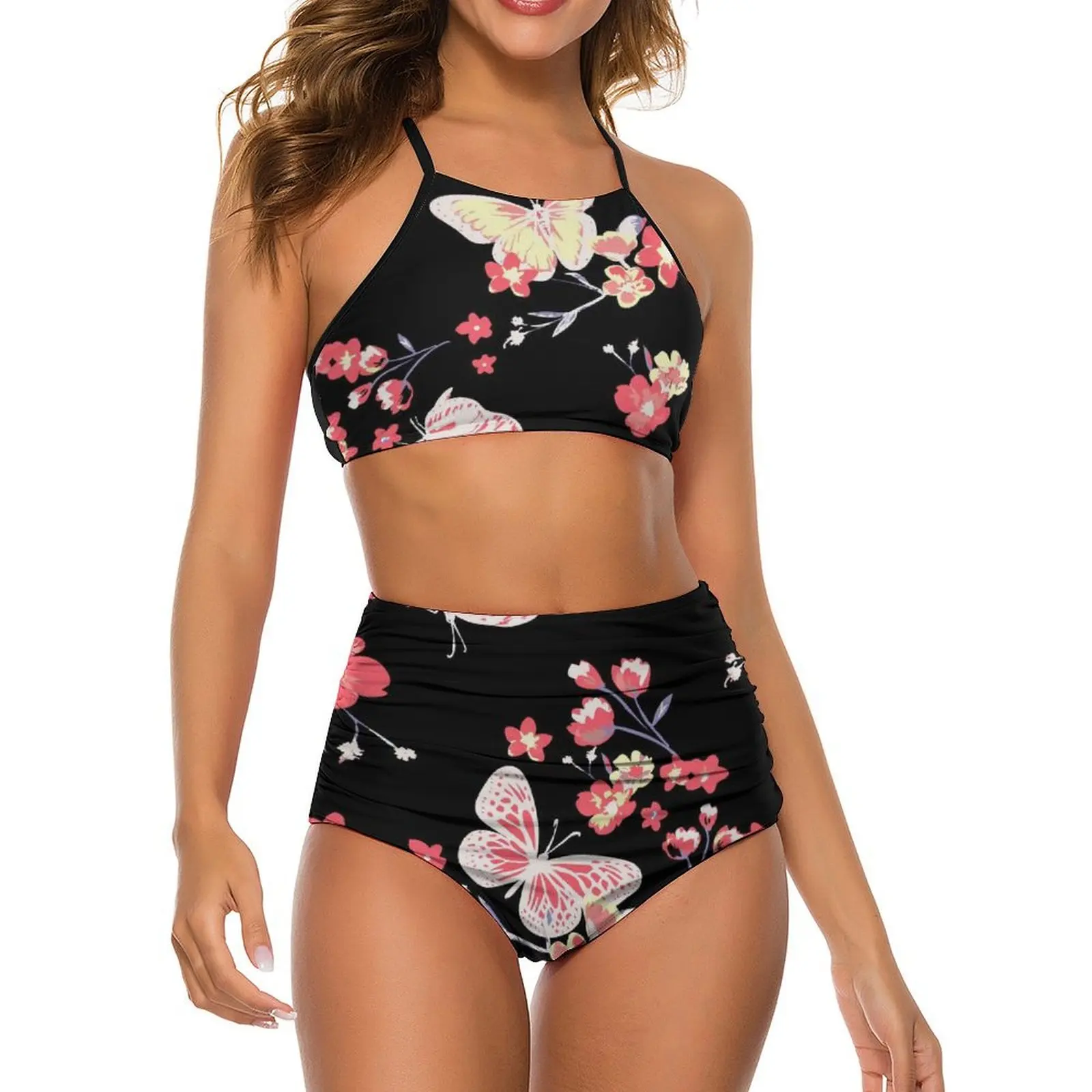 

Butterfly Bikini Swimsuit Pink Floral Print High Waist Swimwear Women Sexy Aesthetic Bikini Set Push Up Pattern Swimsuits