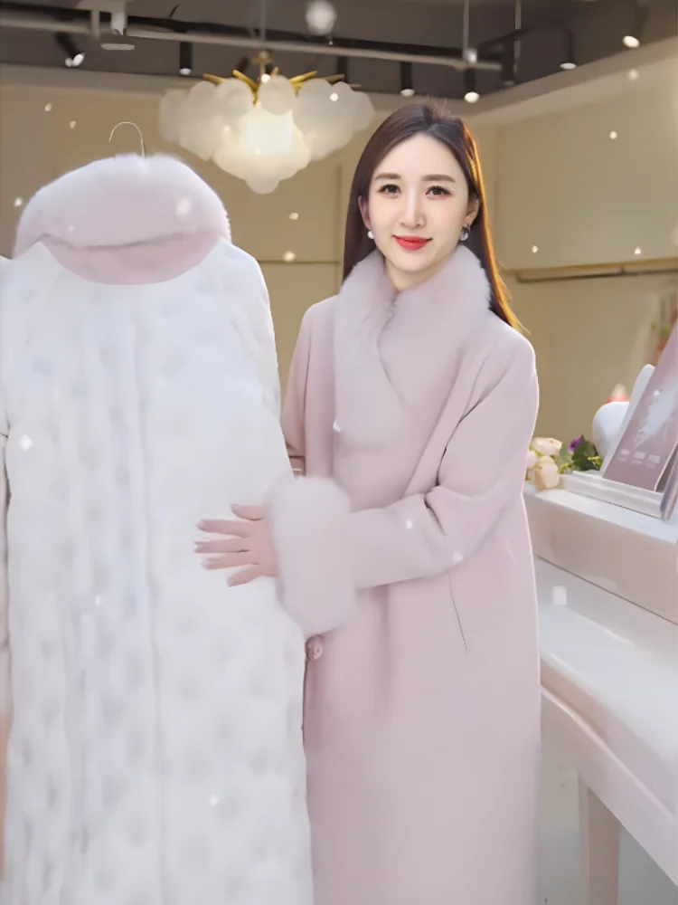 Casaco de Lã Elegante com Design de Botão, Comprimento Médio, Jaqueta Feminina Princ Sle, Casaco Longo de Tubo Reto