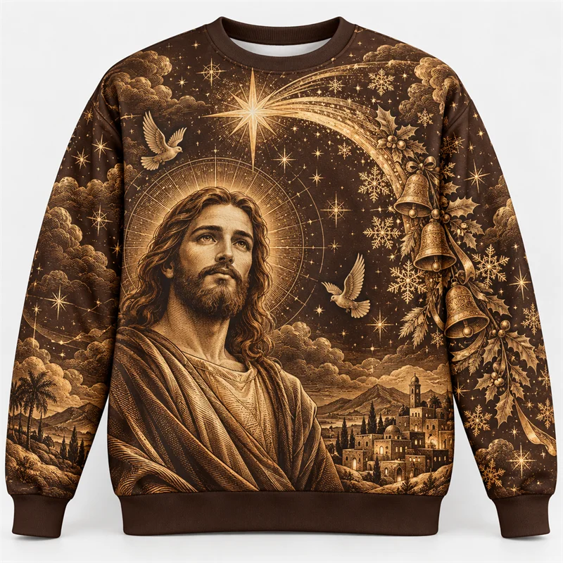 Jesus Christ Christmas Sweatshirt Men Nativity Star Holy Family Aurora Print Crewneck Long Sleeve Christian Holiday Pullover