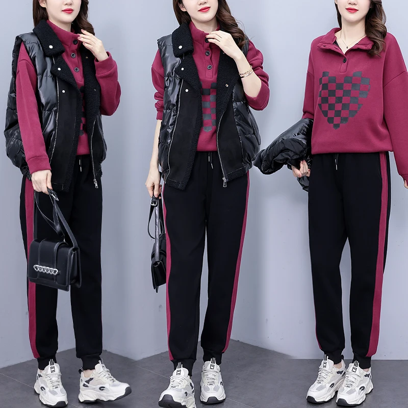 Autumn Winter Three-piece Set For Women 2023 Vest Fleece Sweatshirt Tops And Pants Large Size Female Thick Green Red Sport Suit