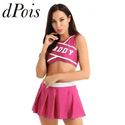 2 pçs mulheres escola meninas cheerleading uniformes conjunto papai impresso cheerleader traje sem mangas colheita superior com mini saia plissada