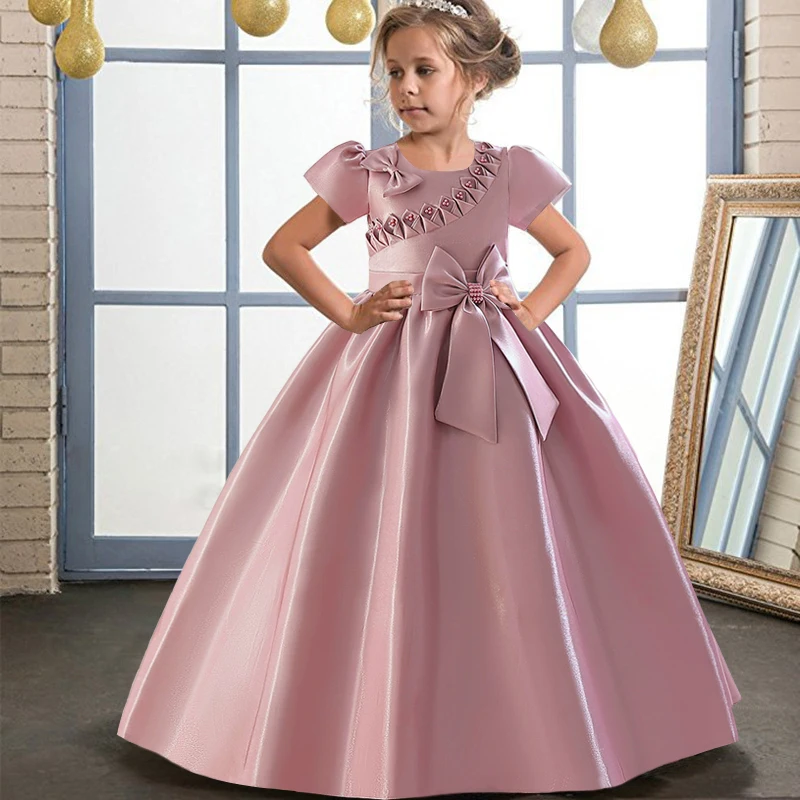 Teenager Pageant Big Bow Party Dress For Girls Children Costume Short Sleeve Princess Dresses Girl Dress Wedding Gown 4-14Y