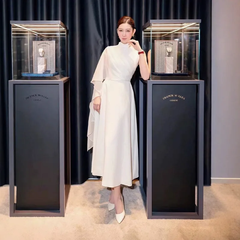 BEWQ Elegancka Sukienka Damska Moda Dekolt O-neck Patchwork Bez Rękawów Jednolity Kolor Wysoki Stan Sukienka Wieczorowa na Imprezę Jesień 2025 Nowość