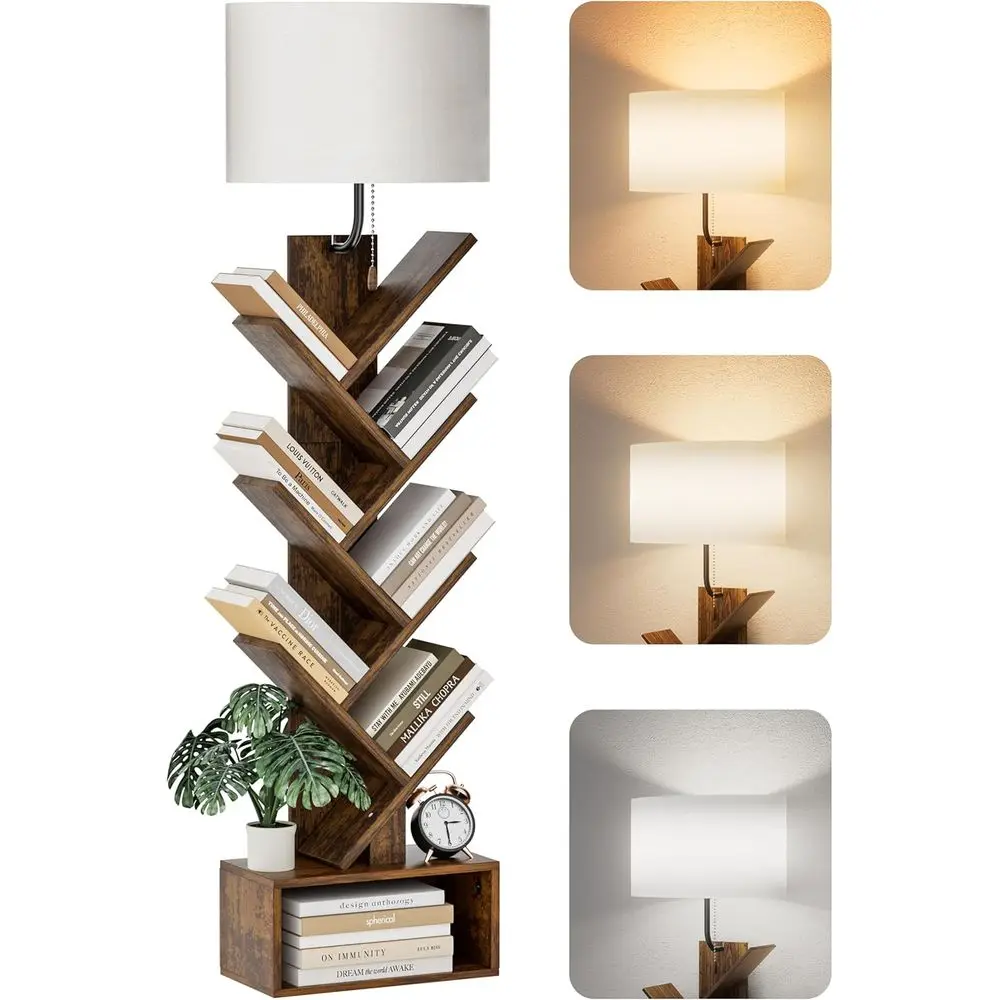 

Rustic Brown 6-Tier Corner Bookshelf with Lighting, Compact Storage Cabinet, Floor Standing for Various Rooms