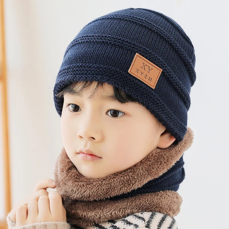 New Kids Winter Warm Knitted Hat with Scarf Set Skullies Beanies for 3-14 Years Old Boy\'s Children cute Hat Scarf Set Beanie Cap