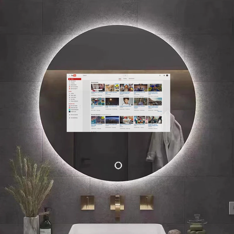 

Tystart Hot Sale Round Smart Barber Salon Furniture Hairdressing Makeup Gesture Sensor Led Lights Salon Android TV Magic Mirrors