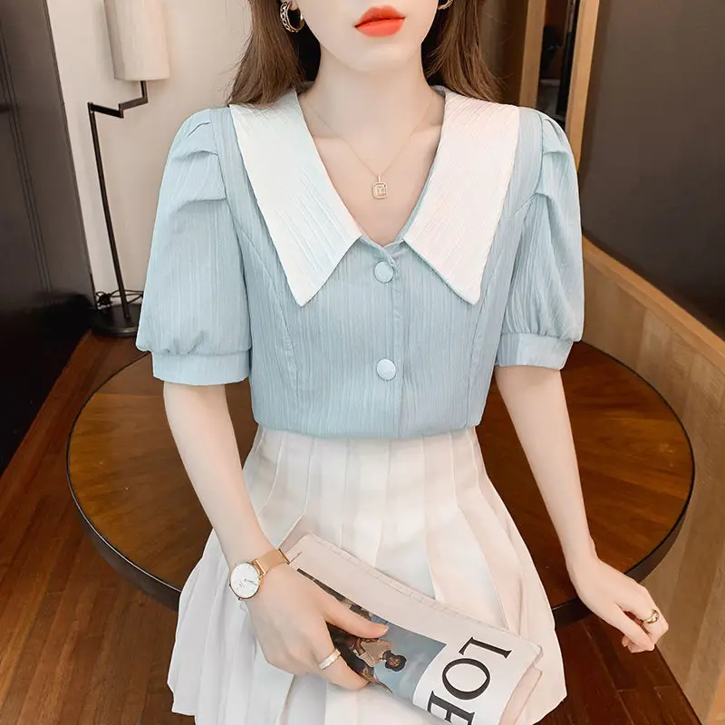 Sweet Contrast Shirt Tops Summer New Short Sleeve Solid Doll Neck All-match Cute Button Blouse Fashion Korean Women Clothing