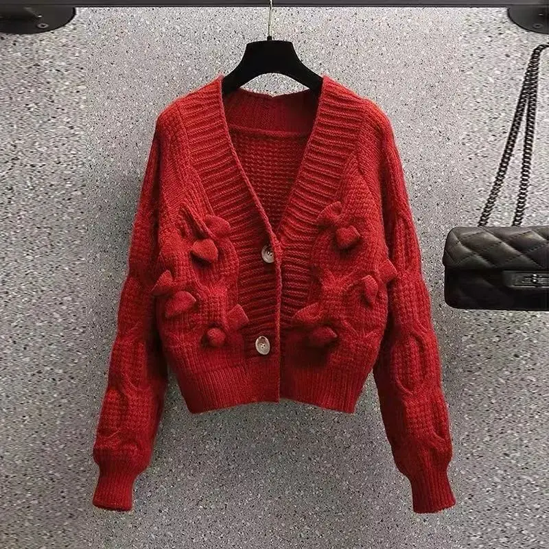 Autumn Winter Thin Sweet Ladies Solid Color Tops 2023 New Women\'s Clothing Buttons V-neck Knitwear Cardigan Elegant Sweaters