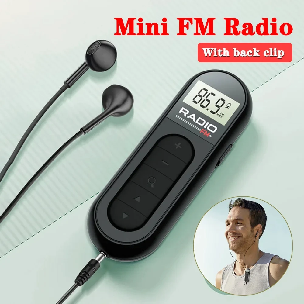 Mini Pocket FM Radio Portable 76-108MHZ Radio Receiver with Backlight LCD Display Wired 3.5mm Headphones Support Type-c Charging