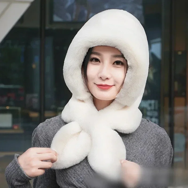 2023 Winter Warm Hats Scarf Set Hooded for Women Plush Neck Warm Hats Outdoor Ski Windproof Hat Thick Plush Fluffy Beanies