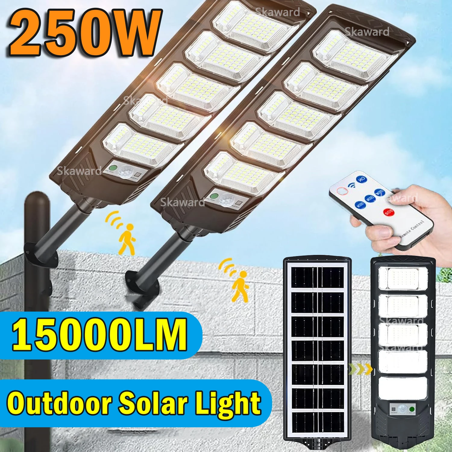 1~2Pack 250W Solar Street Light Outdoor Waterproof 15000LM LED Solar Flood Lamp Dusk to Dawn Solar Garage Light Motion Sensor