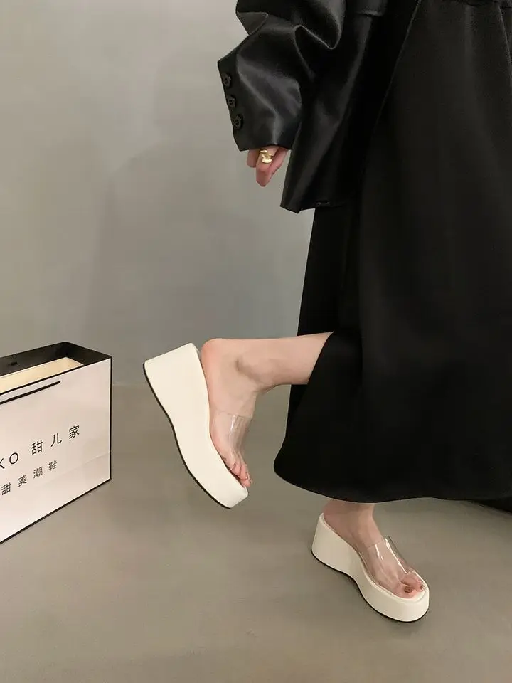 2025 Summer Chunky Woman Slippers Fashion PVC Transparent sandals Platform Wedges Heel Slides Ladies Casual Outdoor Beach Shoes view 5