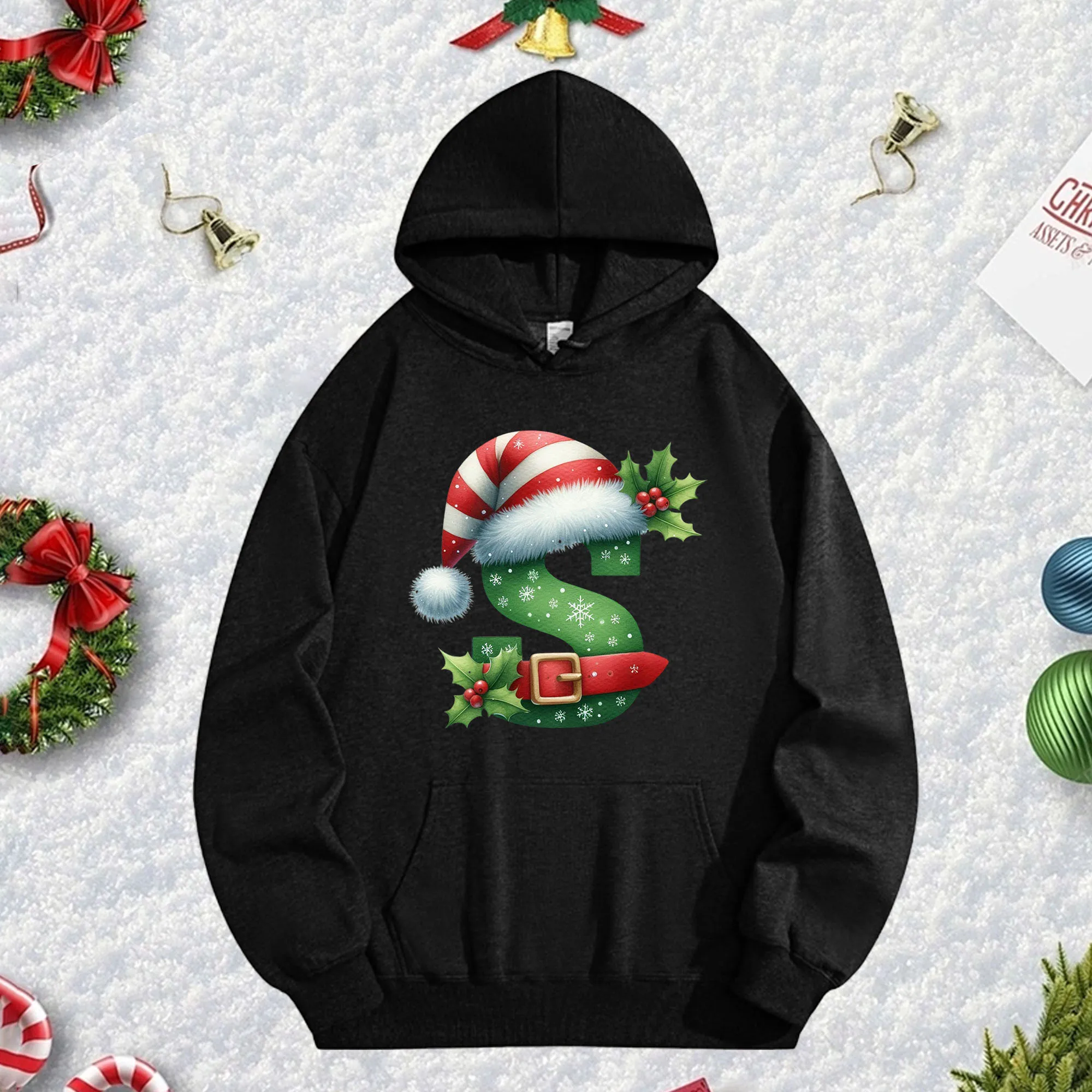 

Рождественская черная толстовка с капюшоном S 270G для мужчин и женщин, уютный флисовый пуловер большого размера на осень/зиму, Рождество, Новый год