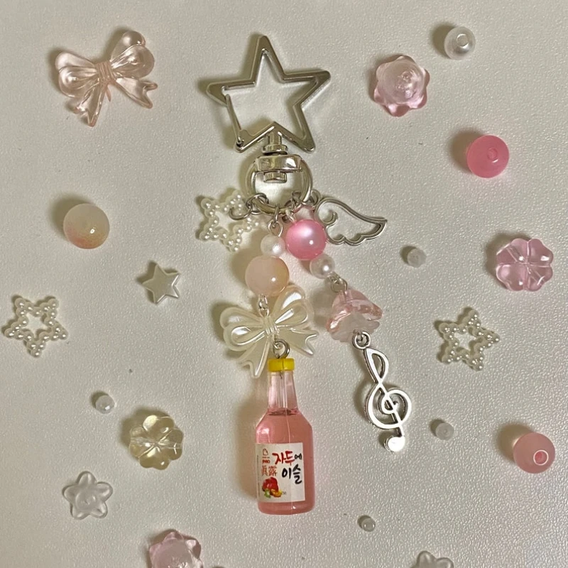 Aesthetics Y2k Beaded Keychains Pink Strawberry Korean Soju Star Keyrings Bow Key Chains Gifts for Women Girls