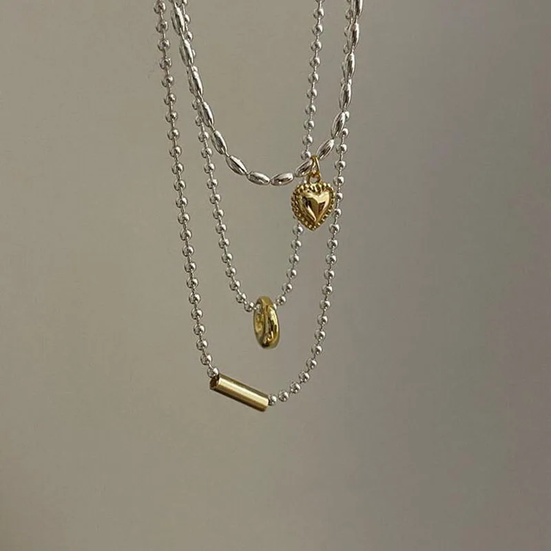 

Pure 925 Sterling Silver 2 Tone Beads Chain Tube Heart Necklace Women Jewelry S925 Designer T Show Runway Gown Rare INS Japan