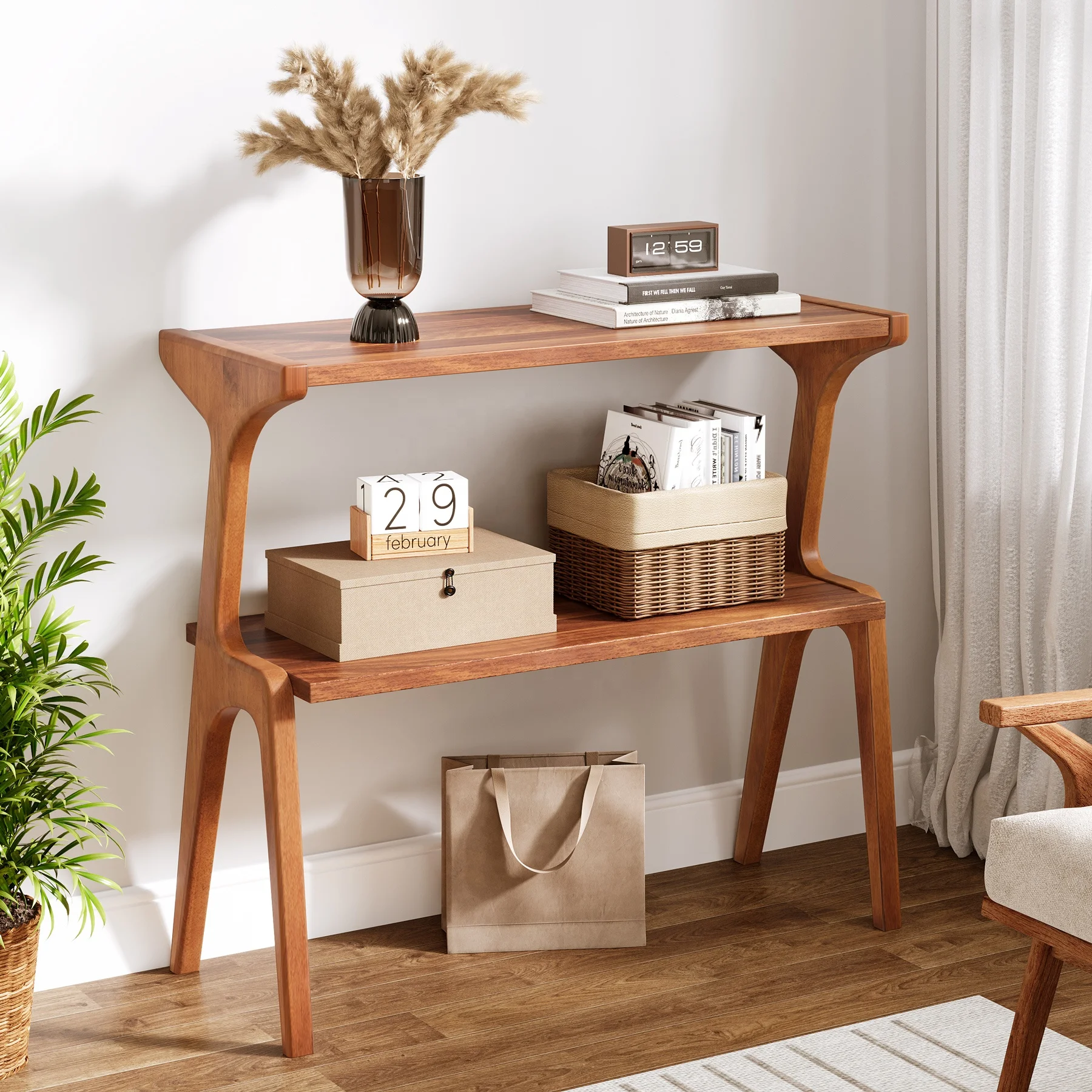

Wood End Table for Living Room, Farmhouse Tall Couch Side Table with Storage Shelves, Long Nightstand with Solid Wood Legs