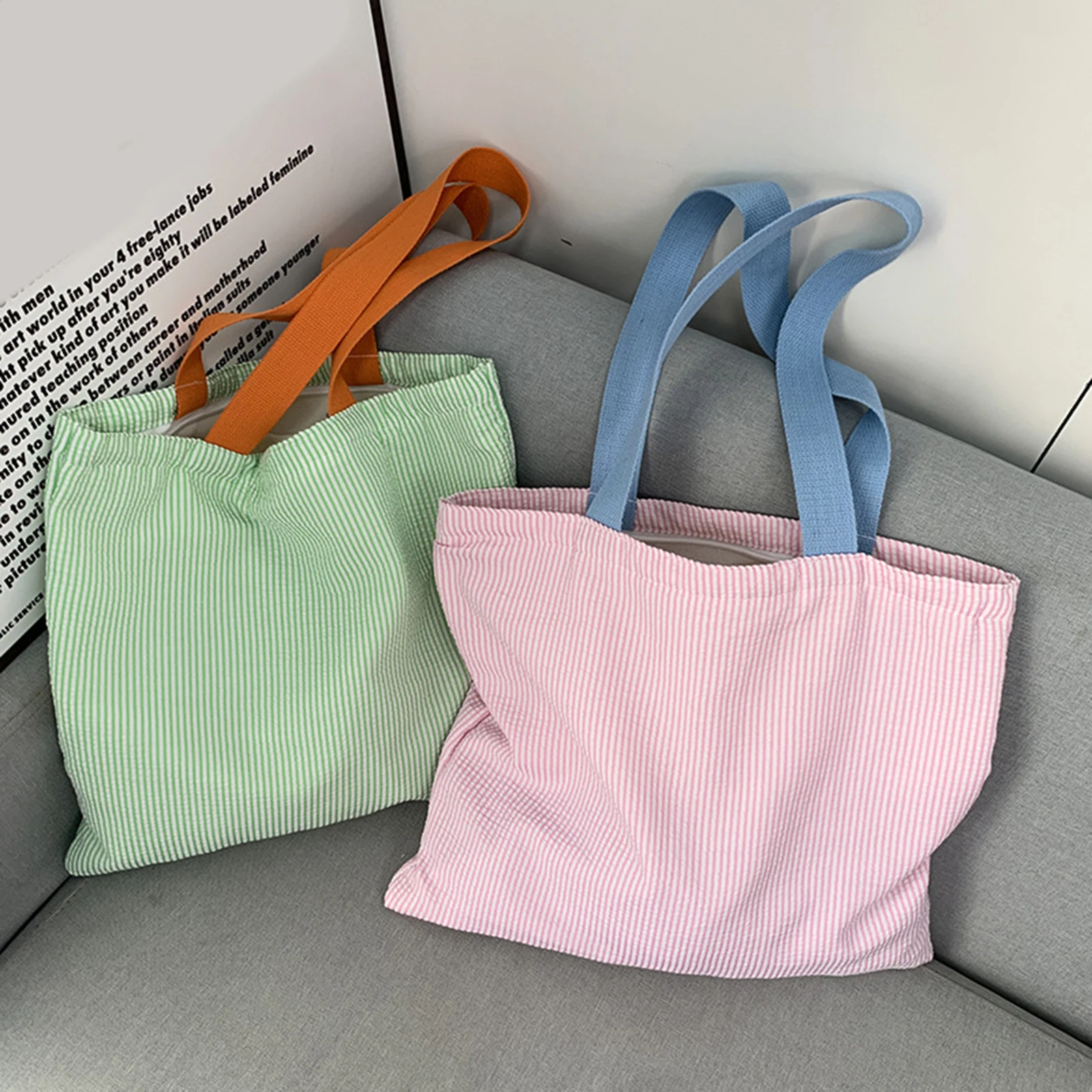 

Women Canvas Shoulder Bag Simple Striped Design Contrast Color Fashionable Handbag for Daily Use Large Capacity Tote Bag