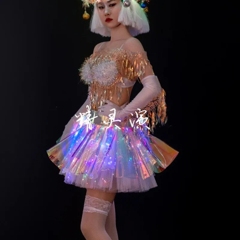 Bar Nightclub Party Show Singer Dancer Team Performance Costume Christmas Festival Clothing Sequin Tassel Top Laser Skirt Outfit