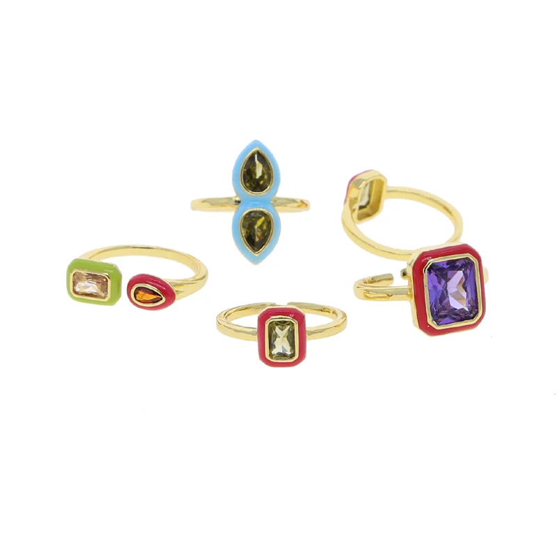 Pastel Enamel Geometric Bezel Band Rectangle 5A Cubic Zirconia CZ Sparking Engagement Band Ring for Women Fashion