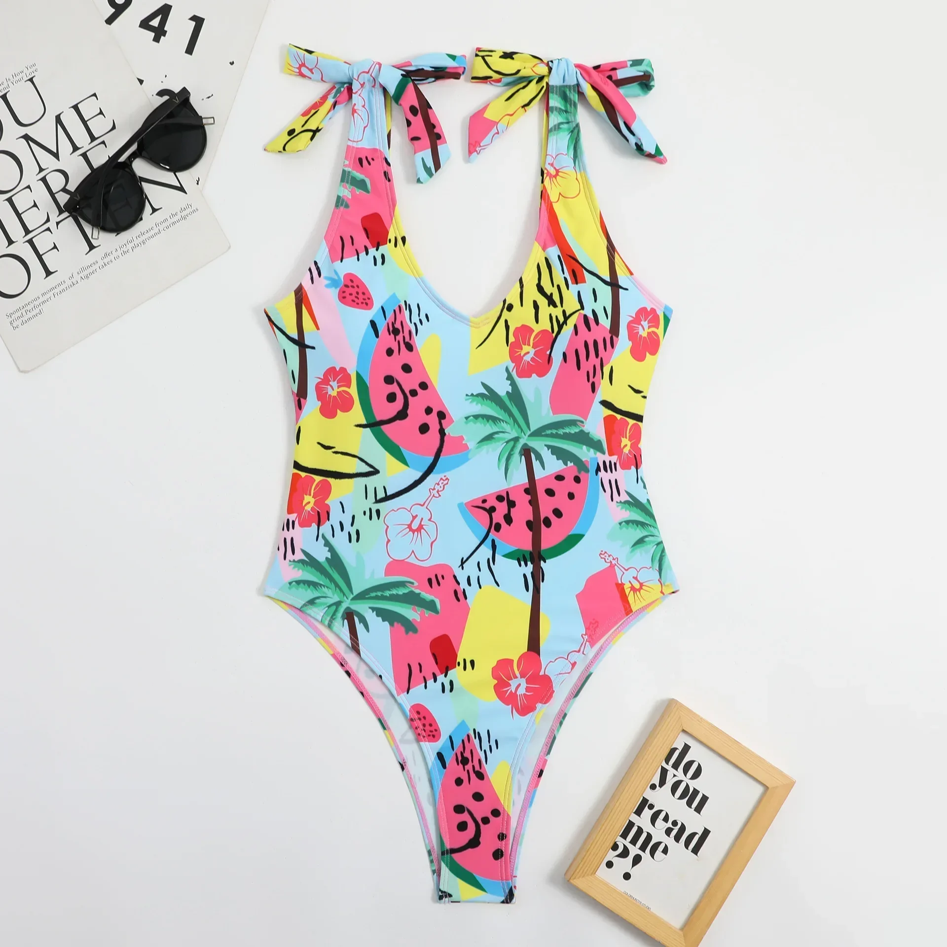 

2024 New Watermelon Print Bikini Women One Piece Swimwear V-neck Suspender Lace-up Monokini Summer Backless Beach Swimsuit