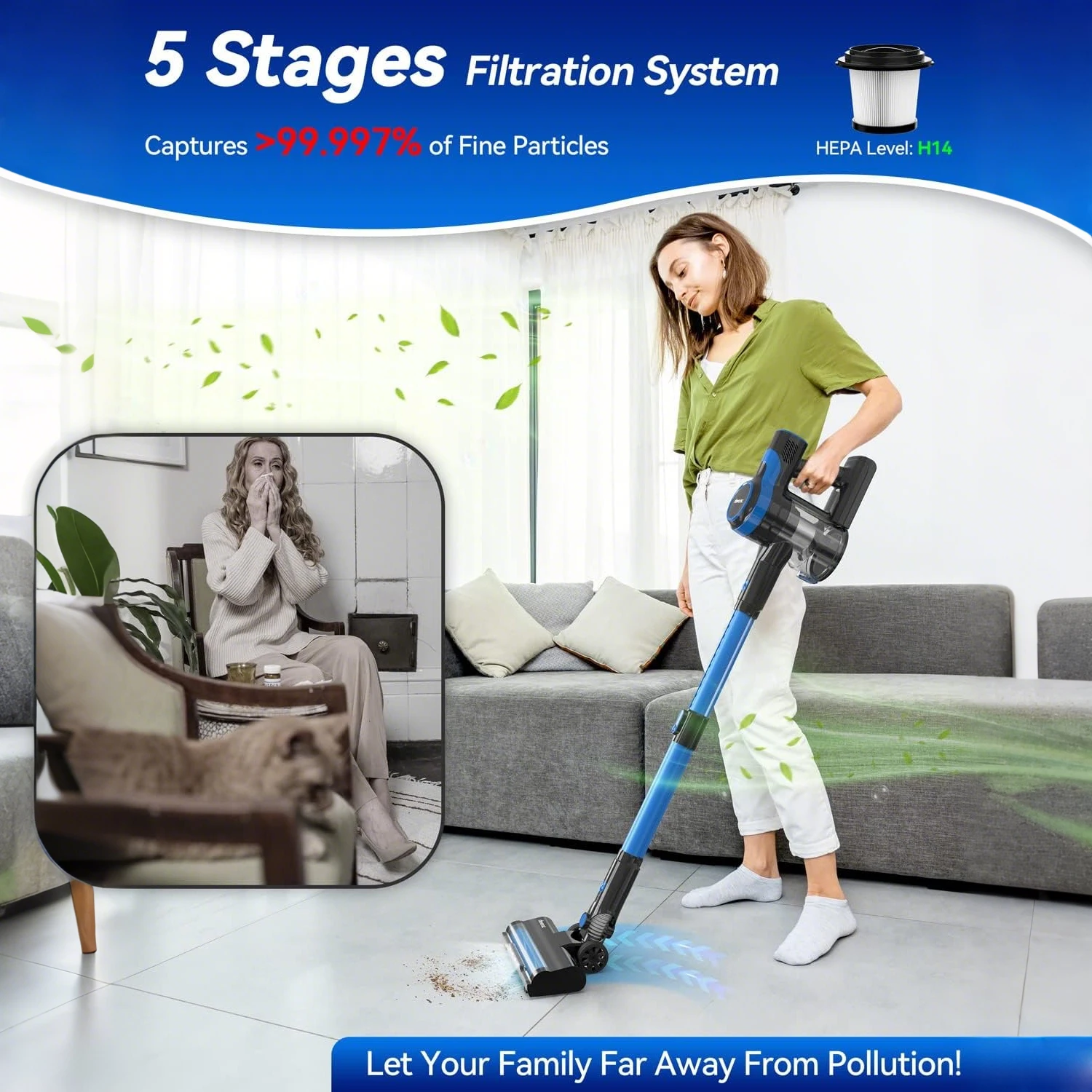 Devoac V50 Cordless Vacuum Cleaner, Lightweight Vacuum Cleaner with Rechargeable Battery, Convenient 6 in 1 Stick Vacuum Cleaner