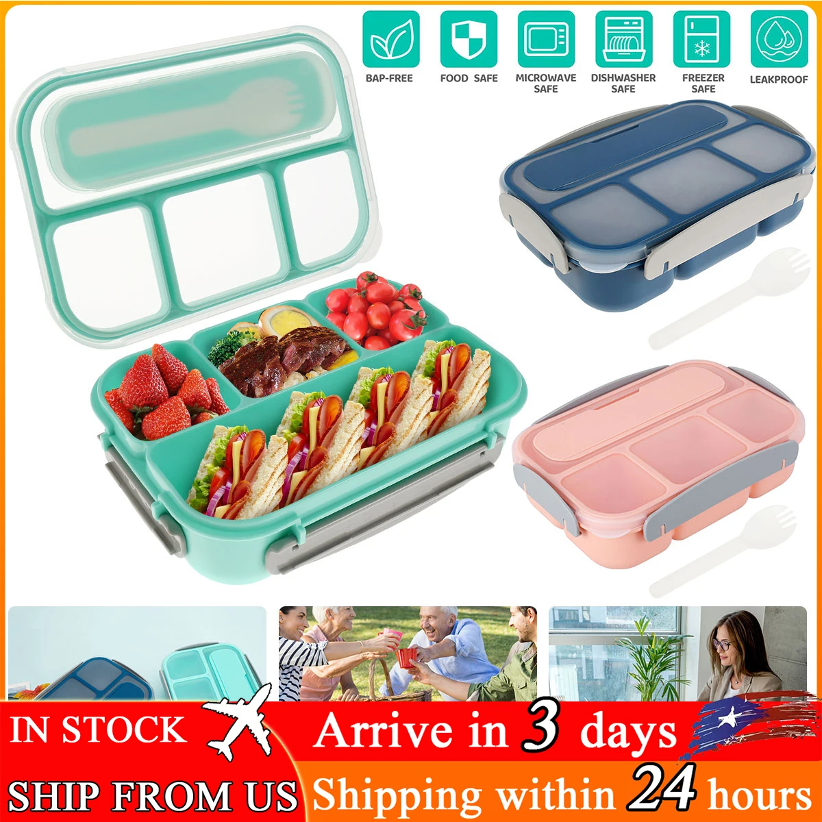 

Bento Box 1300ML 4 Compartments Bento Box Sealed Leak-proof Meal Box Portable Food Container for Home Office School Camping