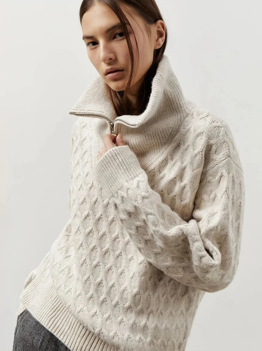 

Женский свитер с высоким воротником на молнии, массивный вязаный свитер, свободный крой, с длинным рукавом, повседневный, осенне-зимний, новый