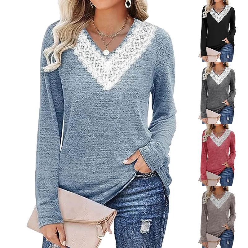 

Women's Blouses Basics Solid Color Knitted Thin Tops Long Sleeve Pullover Fashion Female Lace Patchwork Autumn V-neck Shirts
