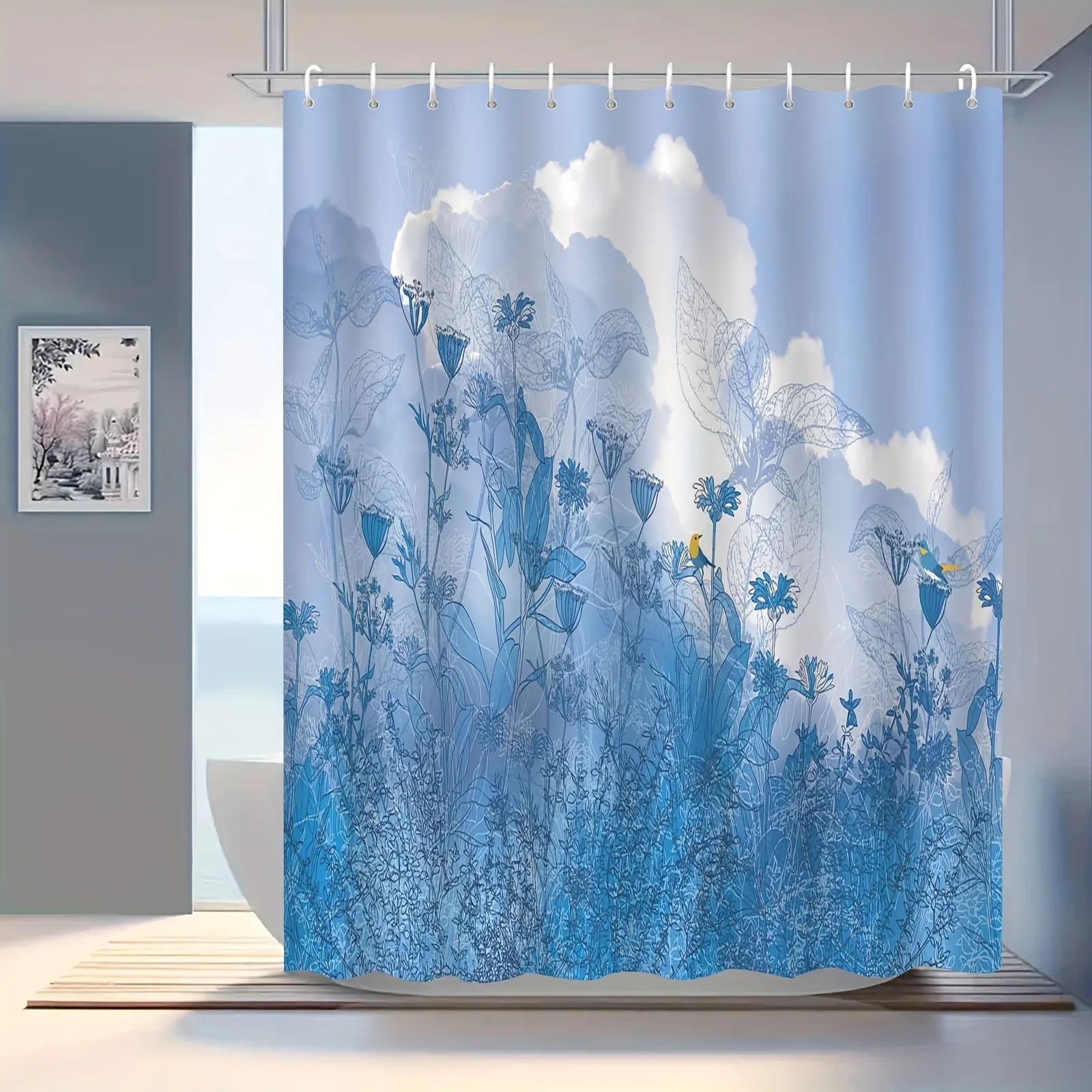 

1 шт. синяя шторка для душа с цветочным узором в виде облаков, полиэстер, можно стирать в машине, подходит для декора ванной комнаты.