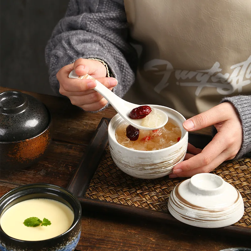 1 Piece 300ml Vintage Ceramic Stew Pot With Lid Bowl Dessert Steamed Egg Soup Bowl Creative Household Restaurant Stew Pot