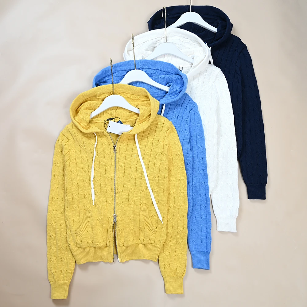 

Классический повседневный длинный вязаный открытый кардиган из смеси хлопка с вышивкой и капюшоном на молнии, осень-зима, новый женский модный кардиган