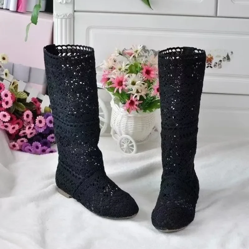 High Quality 2024 Hollow Boots Shoes Breathable Knit Line Mesh Boots Summer Women Boots Knee High Womens Shoes 35-41