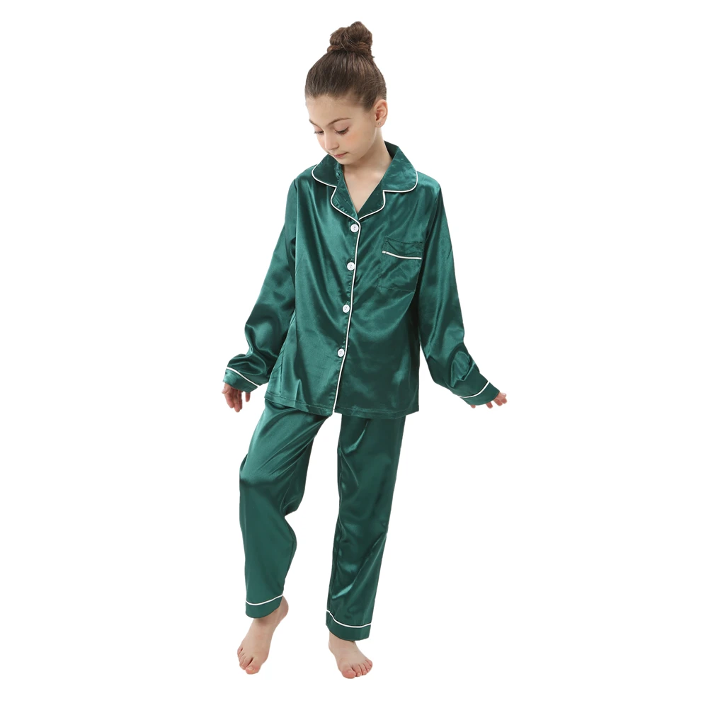 Candy Color Girls Satin Silk Pajamas Sets Kids Clothes Button Down Children\'s Sleepwear Boys Pyjamas Nightwear Teenager Pjs