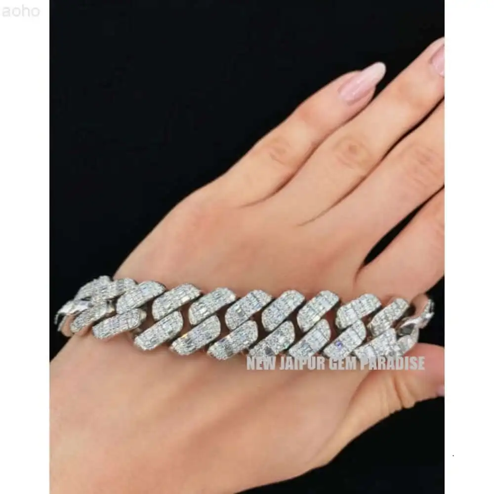 20mm Cuban Bracelet Vvs Baguette Moissanite Diamond White Gold Plated Bracelet 925 Sterling Silver Cuban Icedout Bracelet