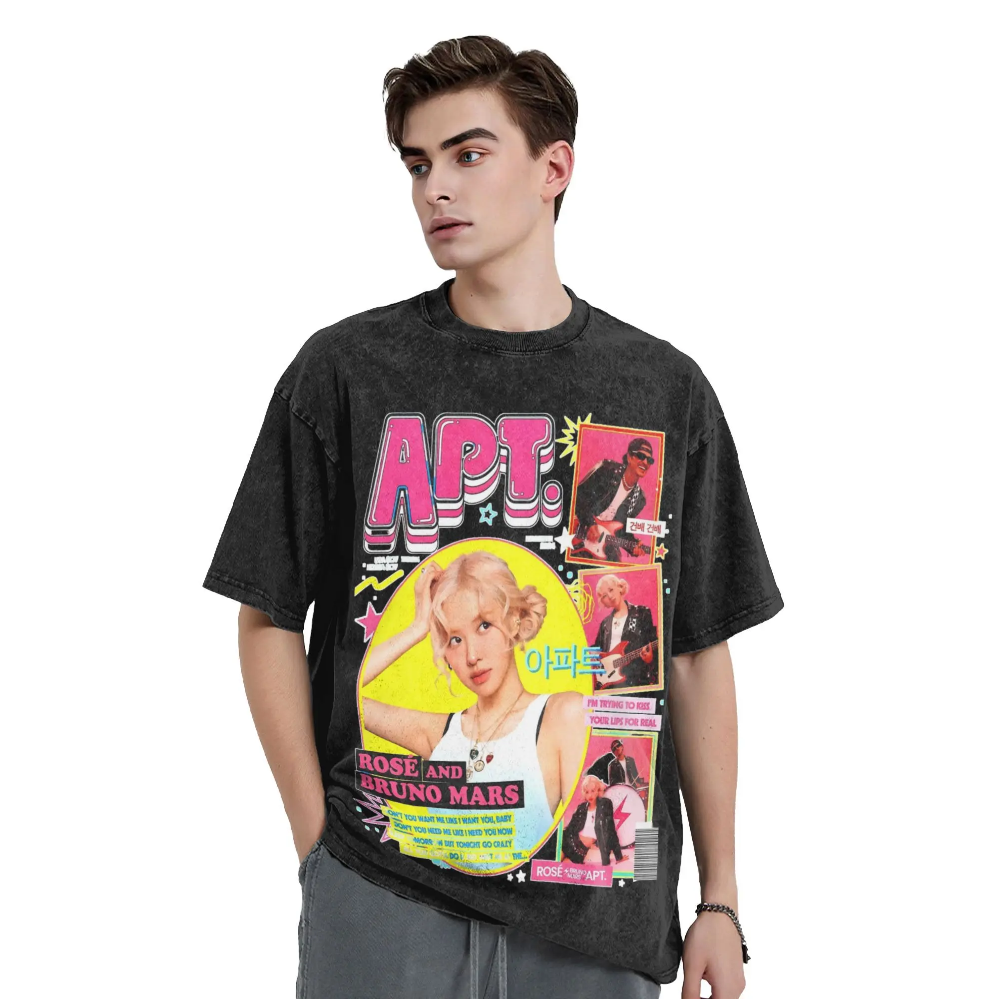 

ROSE Bruno Mars APT Apateu T Shirt Hip Hop Washed Short Sleeve Oversize T-Shirt Vintage for Men Women Graphic Tops Tees