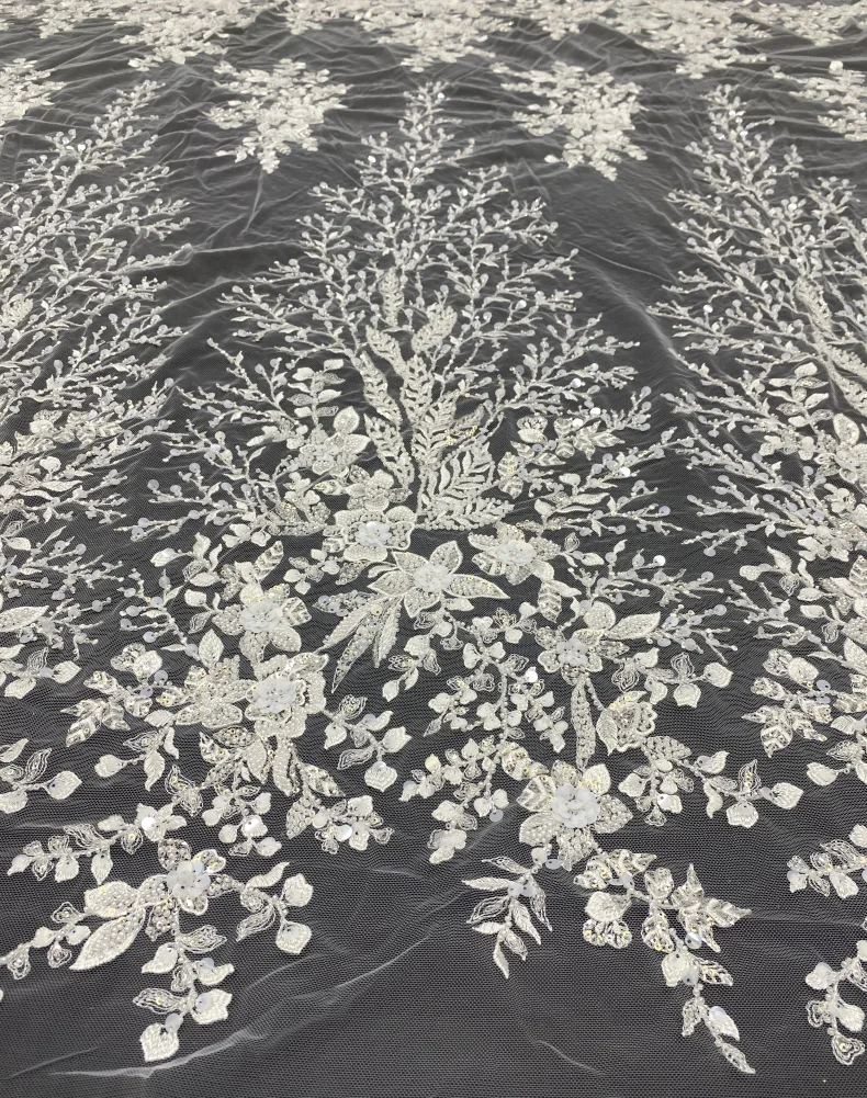 1YARD Luxury New Africa Lace Fabric Tulle Mesh Fabric White Sequins Wedding Dress Sewing Fabric