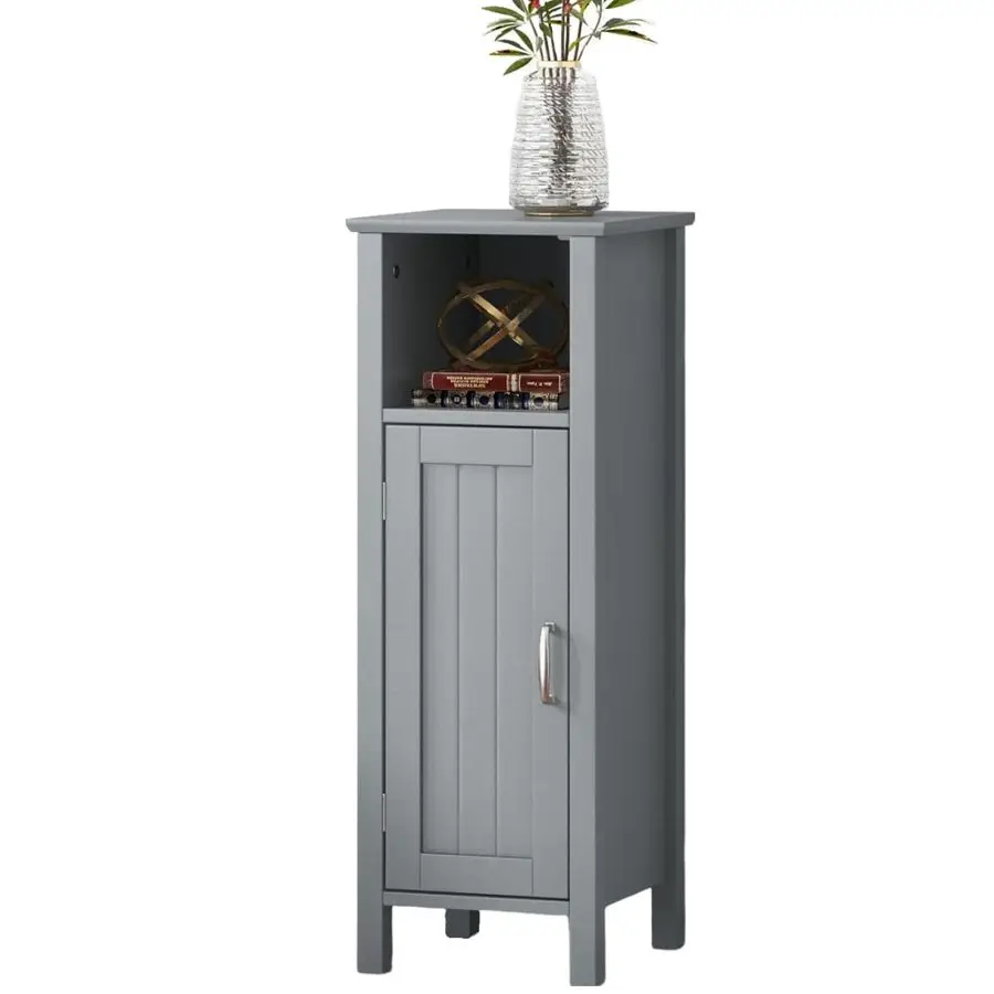 

Wooden Bathroom Floor Storage Cabinet, Side Storage Organizer Cabinet with 1 Door Open Shelf Adjustable Shelves, Small Free Sta
