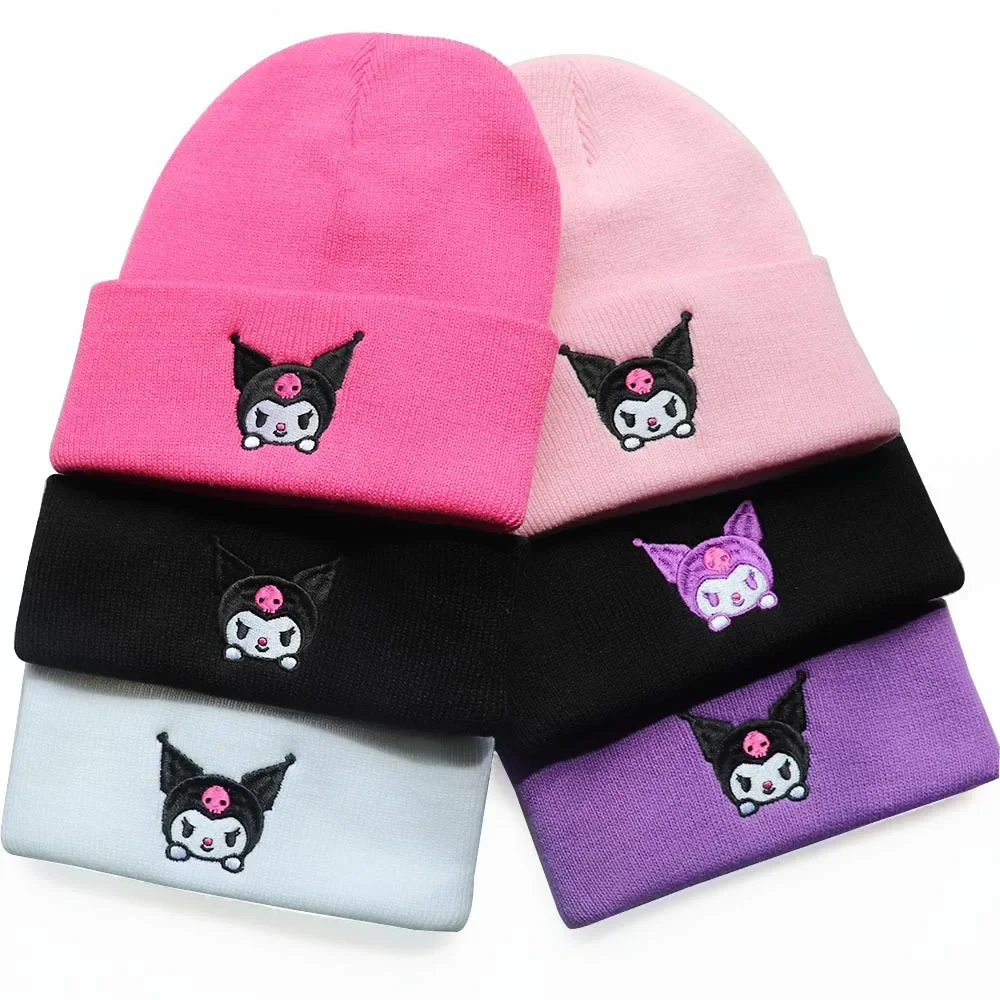 MINISO Anime Cartoon Sanrio Kuromi Winter Outdoor Warmth Knitted Hats Women Men Ear Protection Beanies Cute Hip Hop Pullover Hat