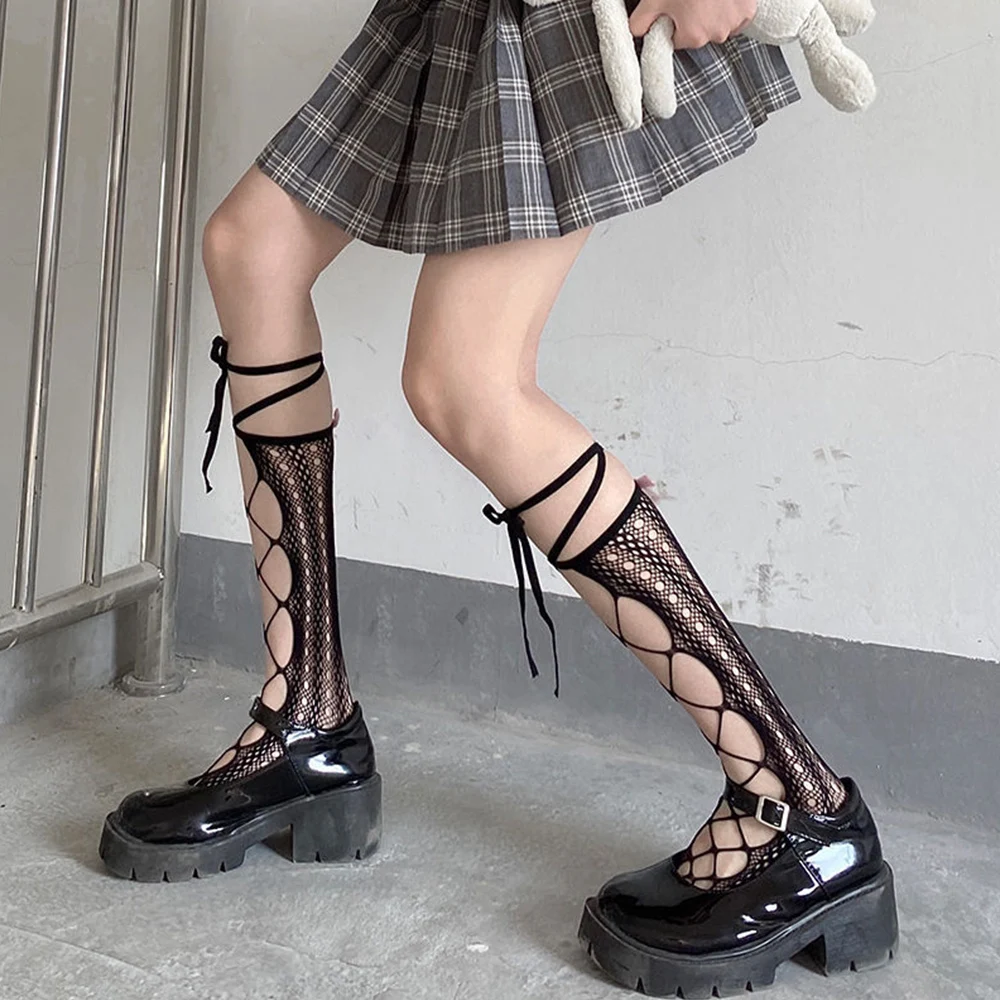 Ladies Sexy Bandage Middle Tube Stockings Elastic Fishnet Mesh Hollow Out Long Sock Women Cross Front Lace-Up Ribbon Knee Socks