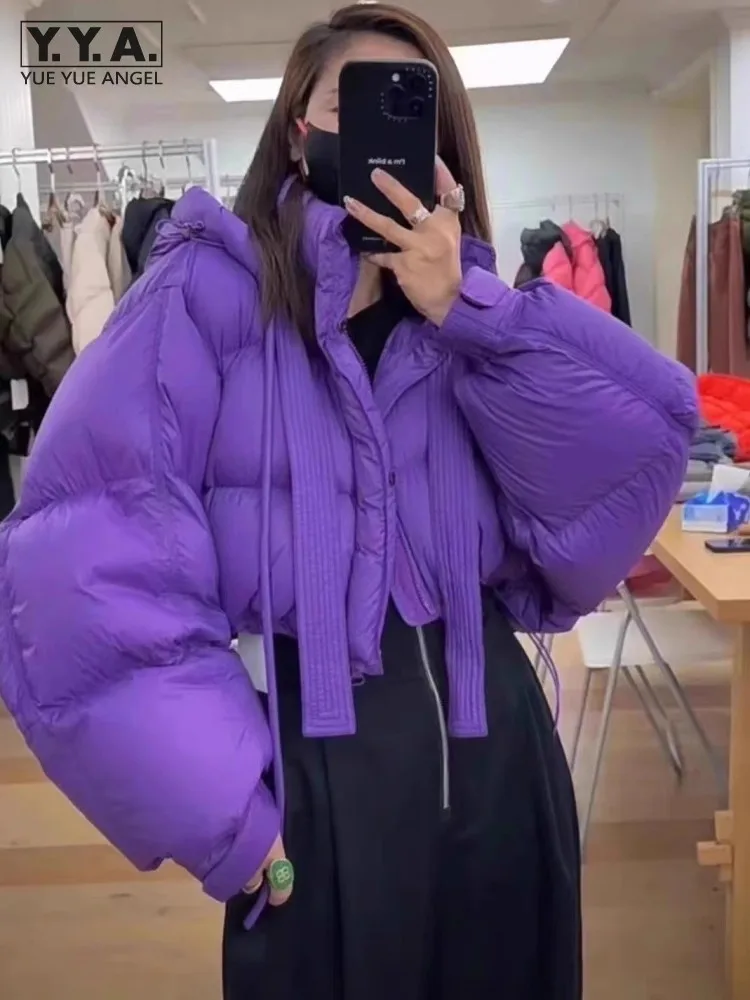 High Street Women Short High Waist Hooded Down Jacket Winter Thick Warm Overcoat Casual Outwear Coat One Size Oversized Jacket