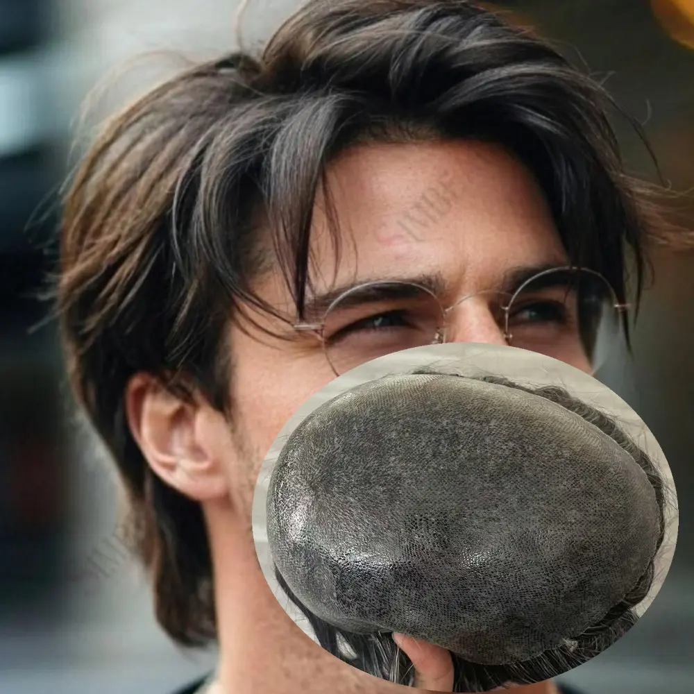 0.1mm Strong Base Men's Capillary Prosthesis Durable Human Hair Men Toupee Thin Silicone Skin PU Men Wig Ash Brown Grey System