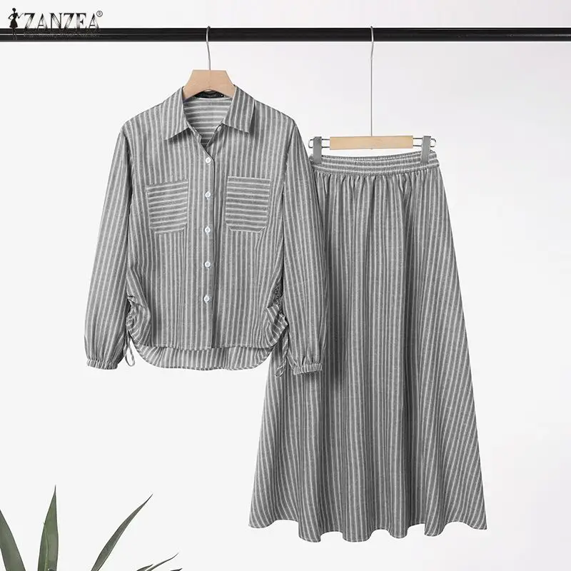 ZANZEA Muslim Islamic Women's Striped Skirt Suits Long Sleeve Shirt & A-Line Maxi Skirt 2 Pieces Sets Hijabs Woman 2pcs Outfits