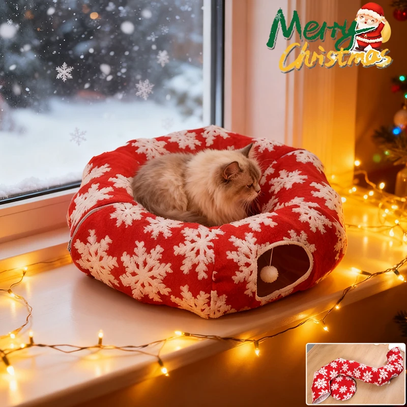 

Hot Sale New Red Christmas Cat Drilling Tunnel Cat Nest Folding Multifunctional Kitten Donut Beds Super Soft Plush House Gatos