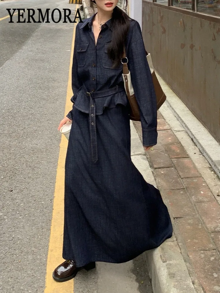

YERMORA Women Two Pieces Set Blue Pocket Belt Denim Shirt Lapel Long Sleeve Loose New Skirt Fashion Tide Spring Autumn 2026